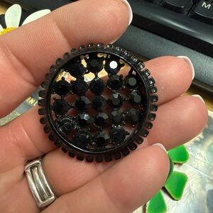 Vintage Black Faceted Round Brooch - Statement Jewelry